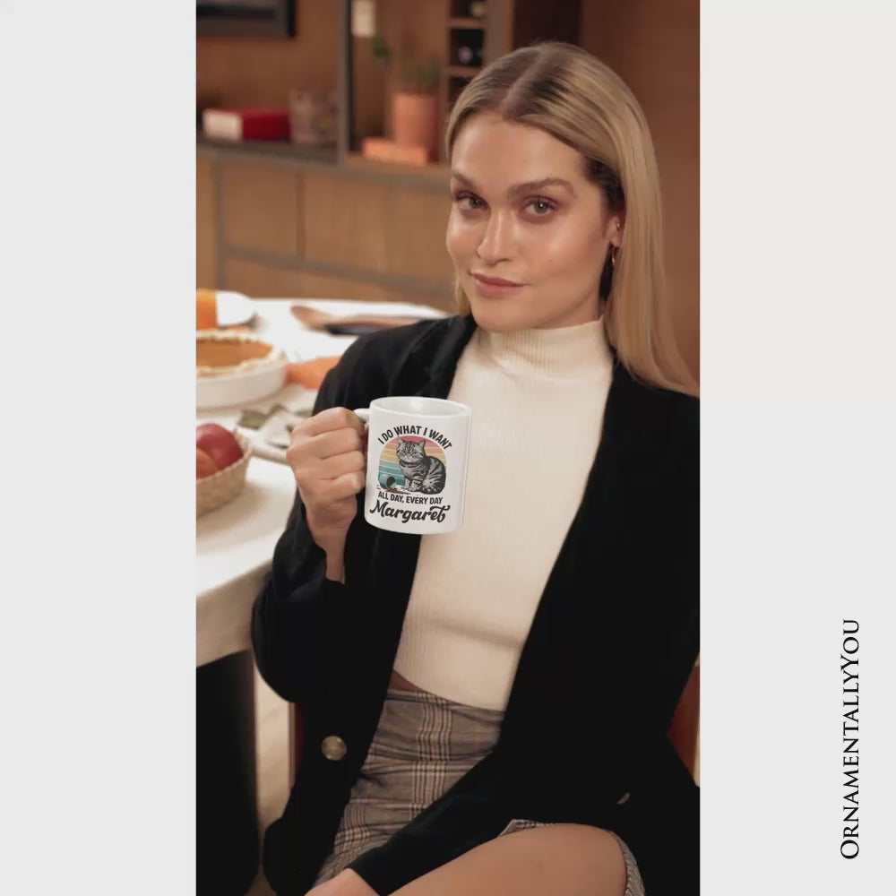 I Do What I Want Cat Personalized Mug, Retro Sarcastic Cat Lover Gift With Custom Name