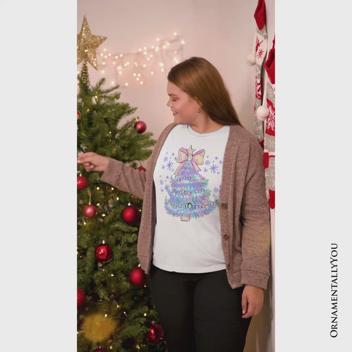 Light Blue Christmas Tree Bow T-Shirt, Coquette Colorful Holiday Tee