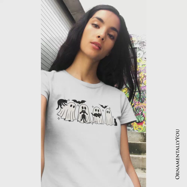 Ghosts and Cats Spooky T-Shirt, Whimsical Halloween Tee for Cozy Autumn Season