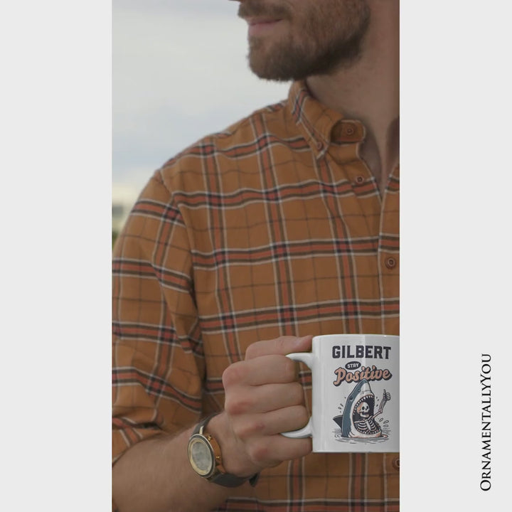 Stay Positive Funny Shark and Skeleton Personalized Mug, Mental Health Motivational Gift with Custom Name