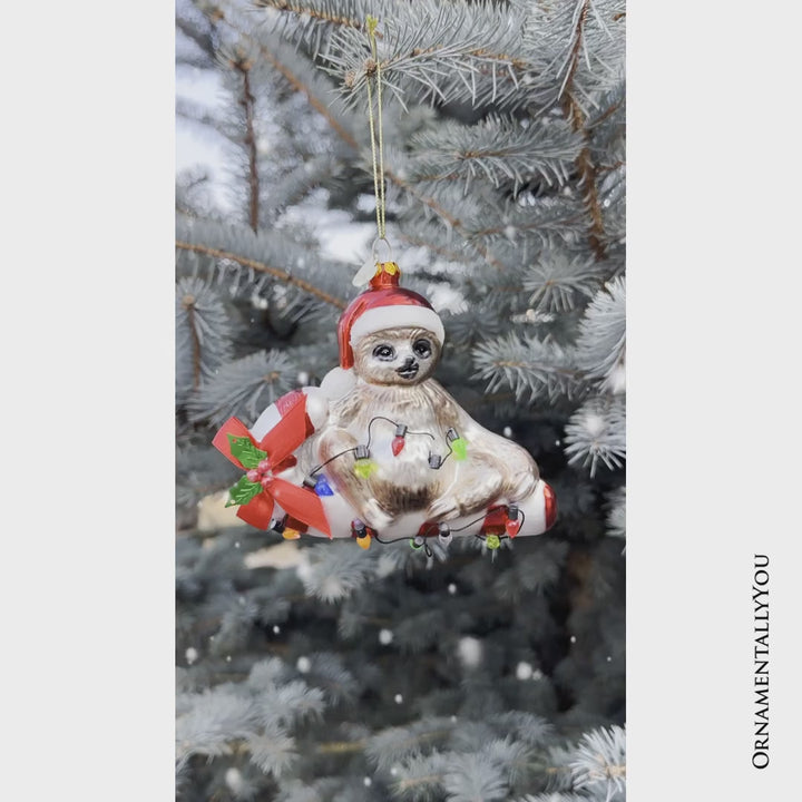 Sloth and Candy Cane Glass Christmas Ornament