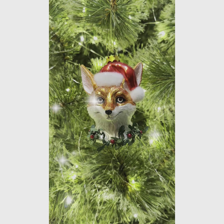 Fox with Santa Hat Glass Christmas Ornament, Woodland Animal Wreath Gift Decor