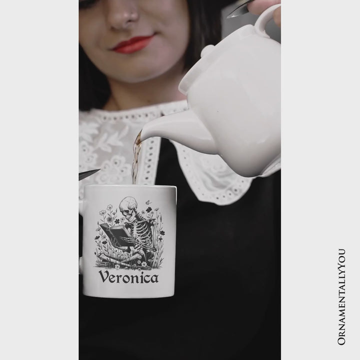 Gothic Reading Skeleton Personalized Mug, Floral Halloween Gift with Custom Name