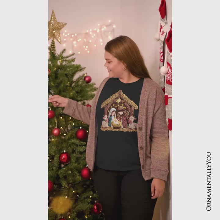 Nativity Holy Family Jesus Christmas T-Shirt, Imitation Latch Hook Yarn Cozy Christian Tee