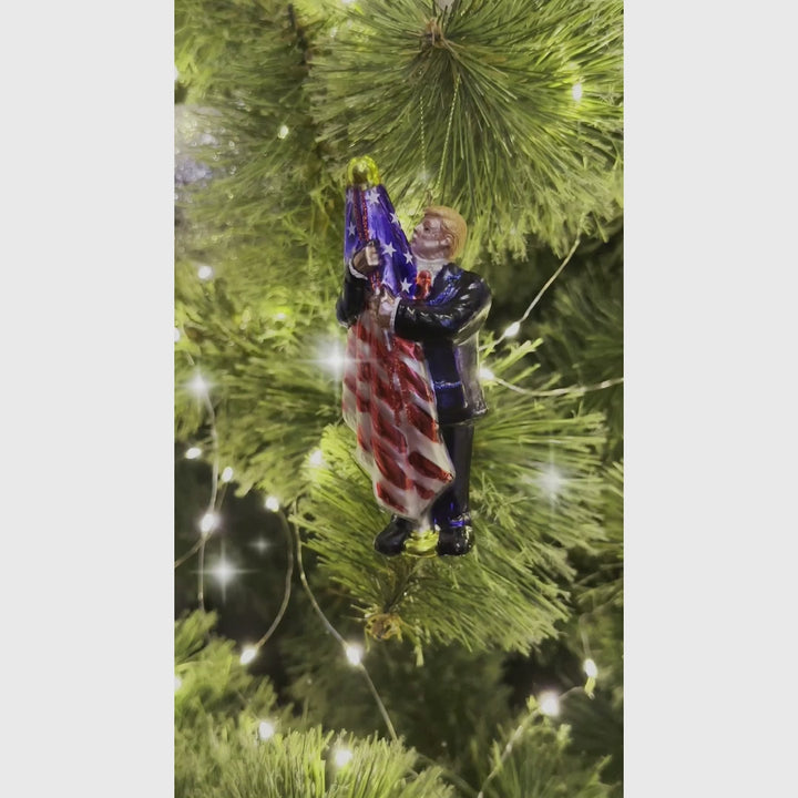 Donald Trump Kissing the American Flag Glass Christmas Ornament, United States President