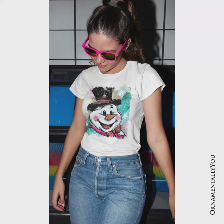 Brushstroke Cute Snowman T-Shirt, Preppy Merry Christmas Glitter Holiday Tee