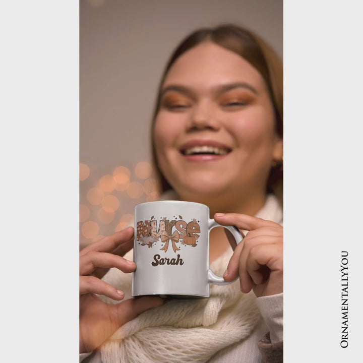 Nurse Coquette Autumn Personalized Mug, Cozy Fall Pumpkins Gift with Custom Name