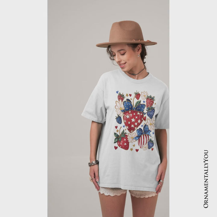 Patriotic Boho Strawberries Bouquet T-Shirt, 4th of July Festive Patch Tee