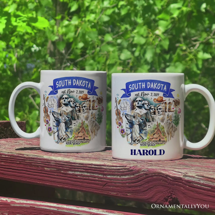 Artistic South Dakota State Themes and Landmarks Personalized Mug With Custom Name