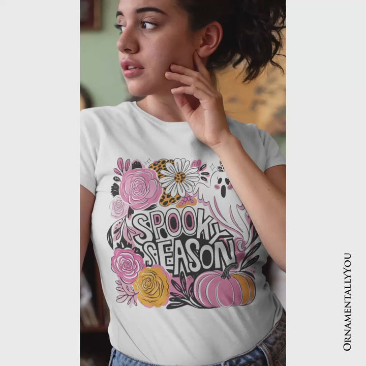Boho Spooky Season Ghost T-Shirt, Cute Halloween Tee with Fall Pumpkins