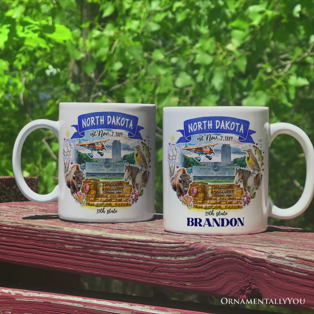 Artistic North Dakota State Themes and Landmarks Personalized Mug With Custom Name