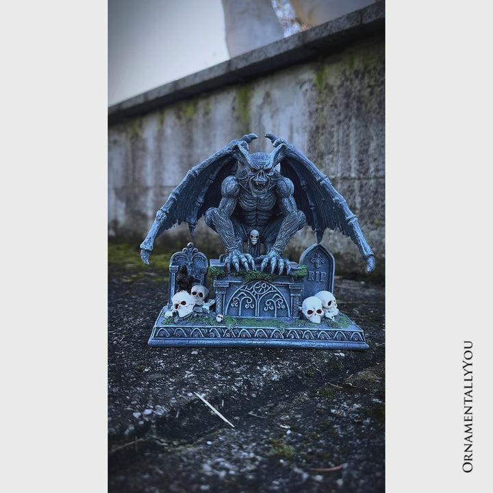 Grave Guardian Gargoyle Figurine, 7" Solar Powered Gothic Halloween Garden Statue