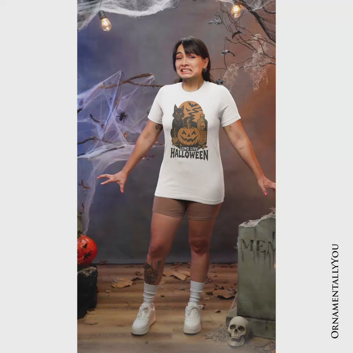 Long Live Halloween T-Shirt, Retro Black Cat Pumpkin Tee for Horror Fans