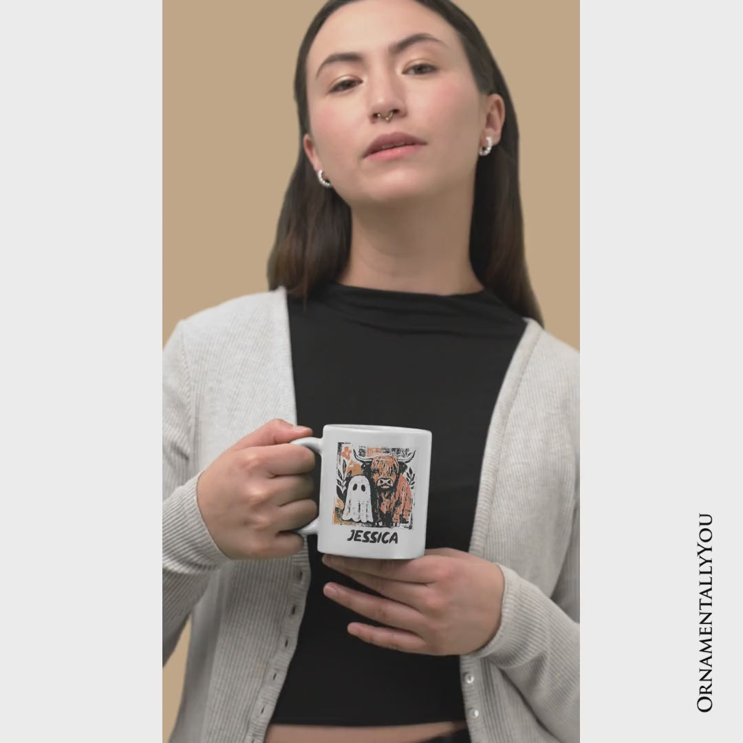 Highland Cow Ghost Fall Personalized Mug, Spooky Season Halloween Gift with Custom Name