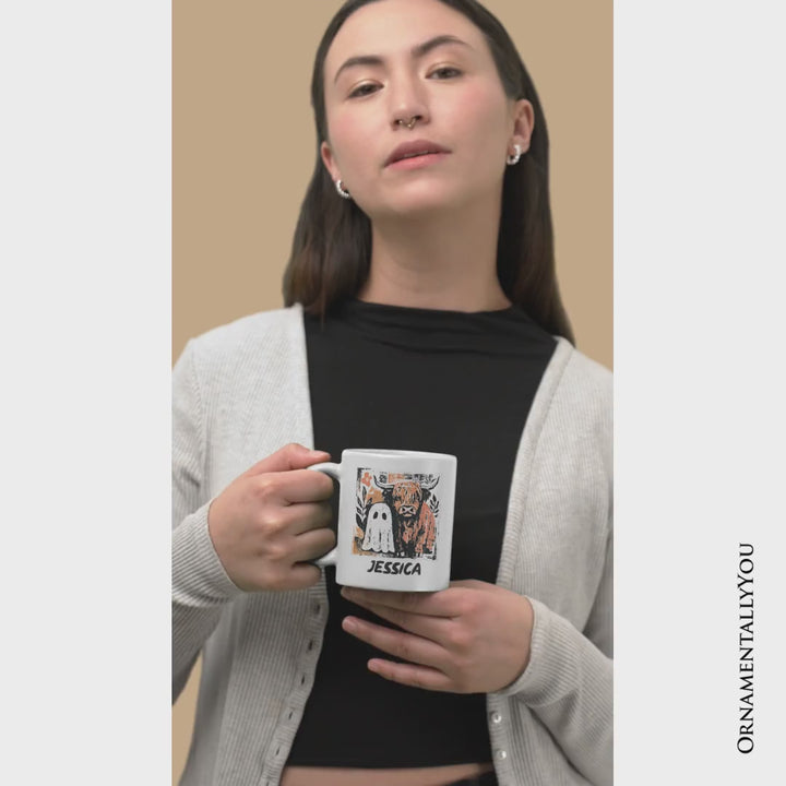 Highland Cow Ghost Fall Personalized Mug, Spooky Season Halloween Gift with Custom Name