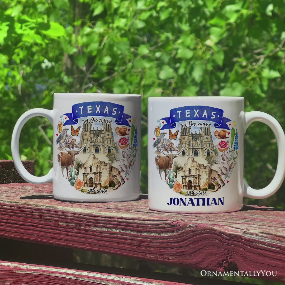 Artistic Texas State Themes and Landmarks Personalized Mug With Custom Name
