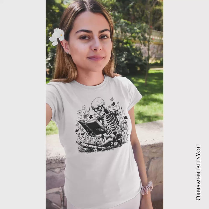 Gothic Reading Skeleton T-Shirt, Floral Halloween Tee for Spooky Bookworms