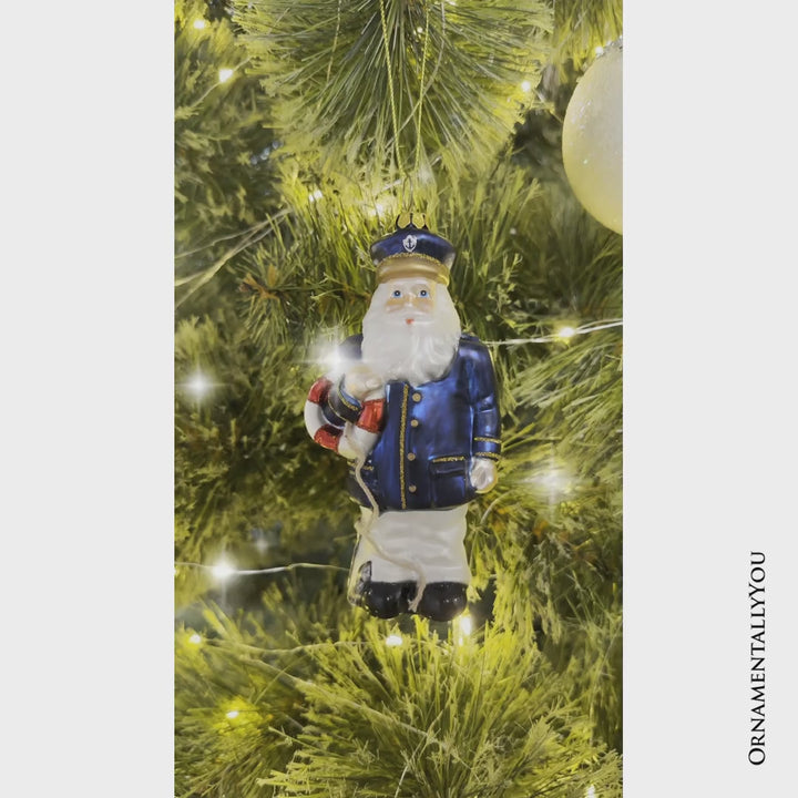 Santa the Ship Captain Glass Ornament, Gift for Boat Commander of the Seas