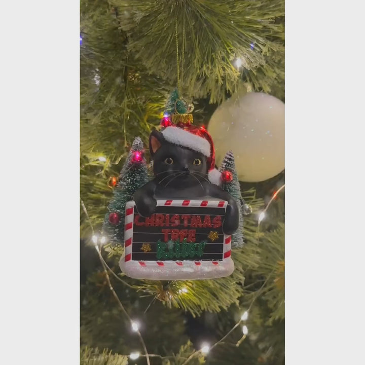 Christmas Tree Killer Funny Black Cat Glass Christmas Ornament, Whimsical Funny Tree Decor