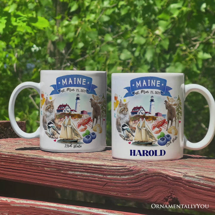 Artistic Maine State Themes and Landmarks Personalized Mug With Custom Name