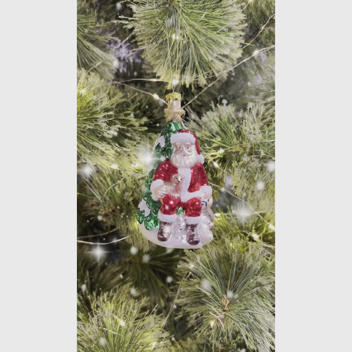 Santa with Woodland Animals Glass Christmas Ornament, Handblown Tree Decor
