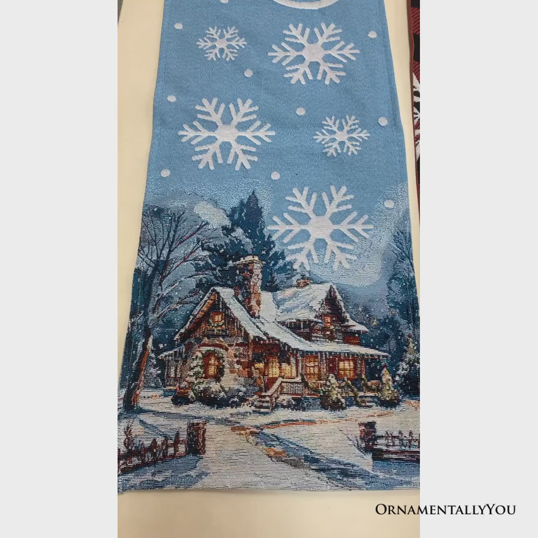 Gracefully Artful Winter Cabin 72" Table Runner, Merry Christmas Blue Rectangle Tablecloth with Snowflakes