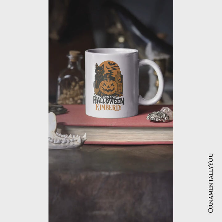 Long Live Halloween Personalized Mug, Retro Black Cat Pumpkin Gift with Custom Name