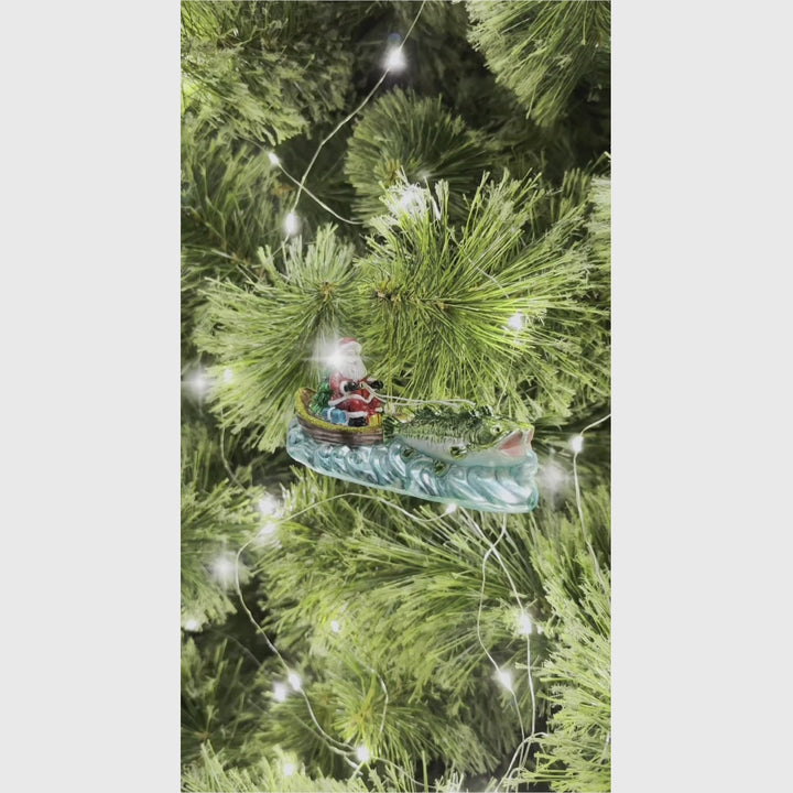 Santa's Fishing Adventure Glass Christmas Ornament, Holiday Angler Fish in Sleigh