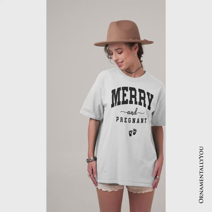 Merry and Pregnant T‑Shirt, Baby Announcement Christmas Tee for New Mom