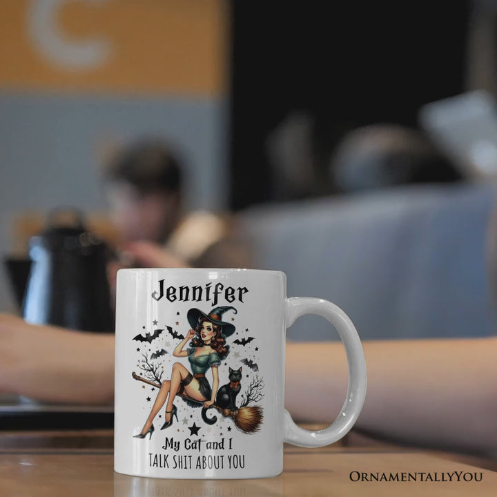 My Cat and I Gossip About You Personalized Halloween Mug, Retro Gift with Custom Name