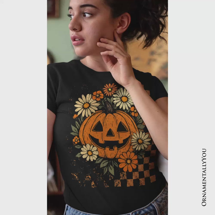Checkered Floral Pumpkin T-Shirt, Retro Preppy Halloween Tee for Spooky Season Vibes