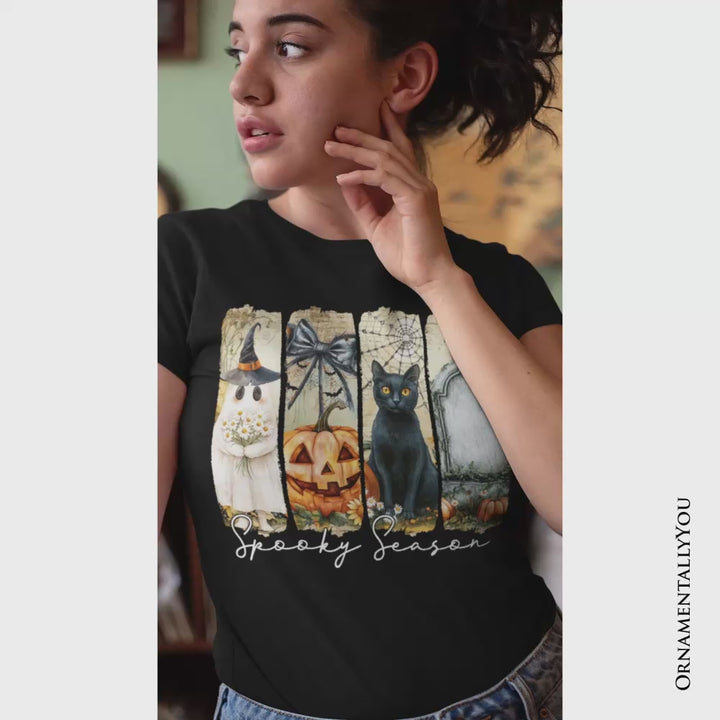 Fall Spooky Season Brushstroke T-Shirt, Coquette Vintage Ghost, Cat and Pumpkin Tee