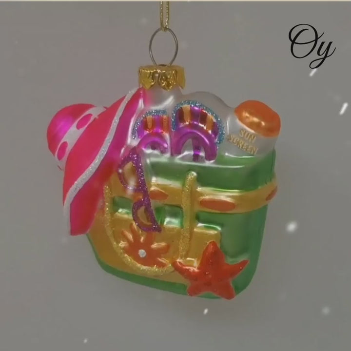 Coastal Beach Bag Glass Christmas Ornament, Ocean Seaside Nautical Home Tree Decoration