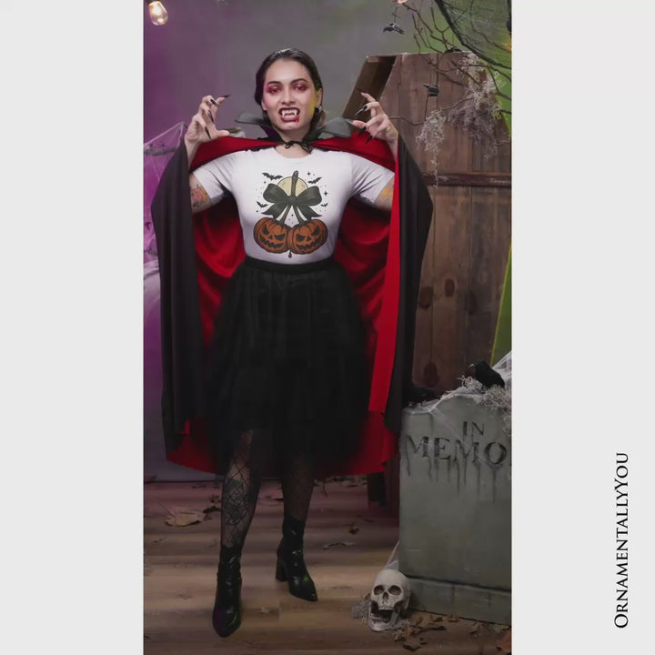 Pumpkin Cherries Coquette Bow T-Shirt, Retro Halloween Fall Season Tee for Sweet Autumn Girls