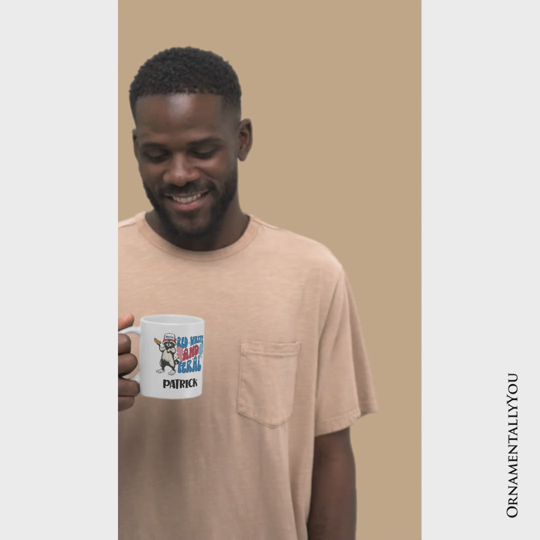 Red, White & Feral Raccoon Personalized Mug, Wild Patriot American Gift with Custom Name