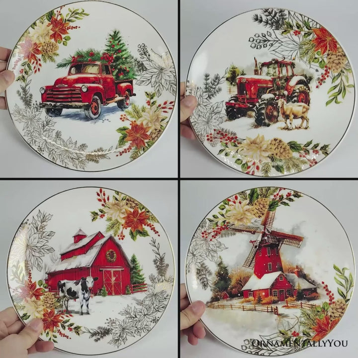 Farmhouse Christmas Set of 4 Plates with Real Gold Elements, Holiday Tableware Collection for Salad, Dessert, Appetizer, and Side Plates