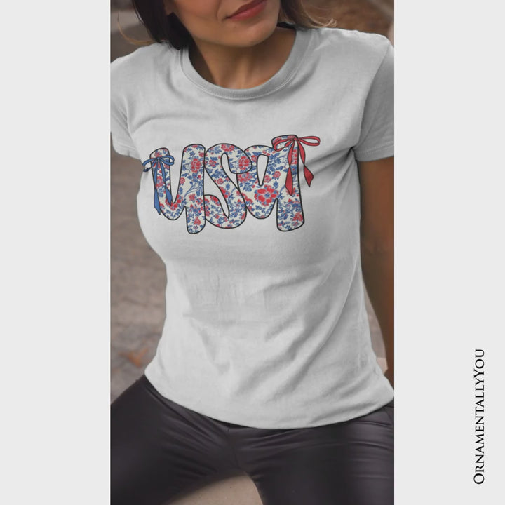 Floral USA Patriotic T-Shirt, 4th of July White, Natural and Black Tee for Stylish Women