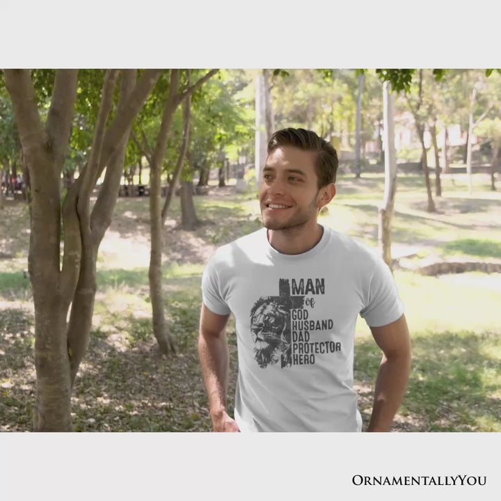 Man of God Lion Cross T-Shirt, White Tee for Faithful and Christian Fathers
