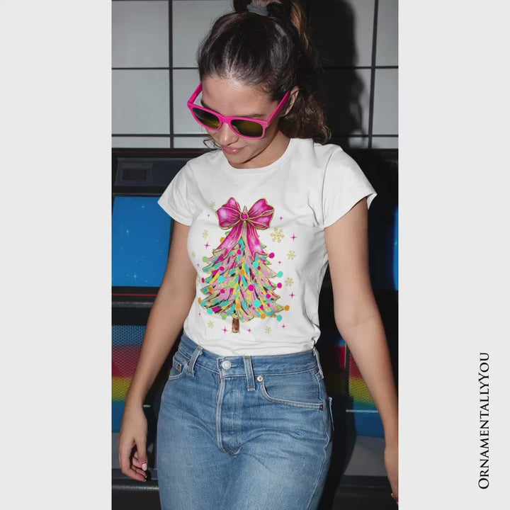 Colorful Glitter Christmas Tree Pink Bow T-Shirt, Pink Bow Coquette Holiday Tee