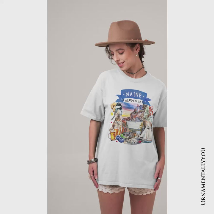 Artistic Maine State Themes and Landmarks T-Shirt, Tee for History and Travel Lovers