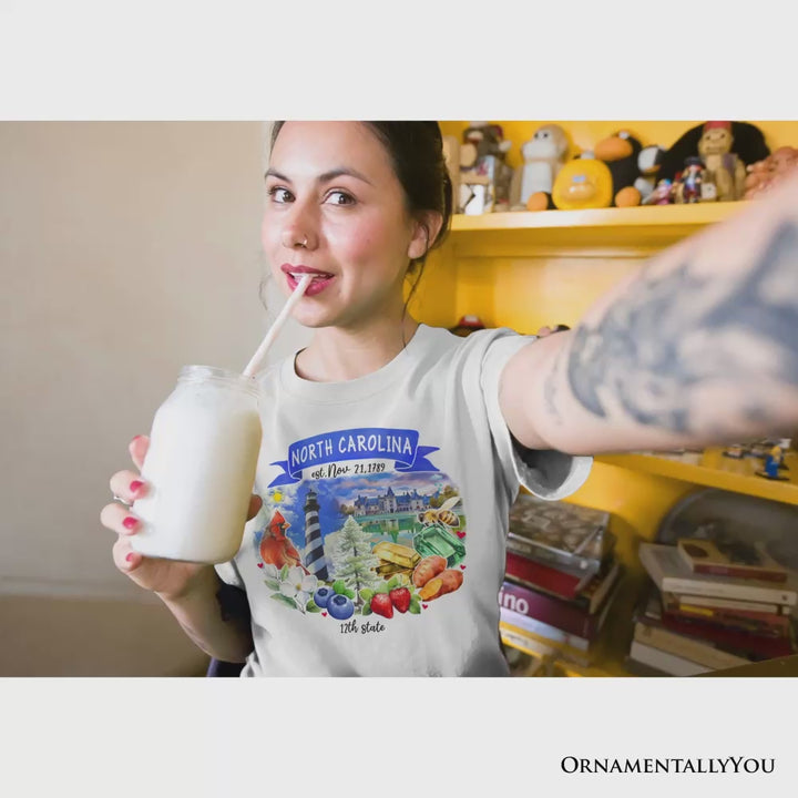 Artistic North Carolina State Themes and Landmarks T-Shirt, Tee for History and Travel Lovers