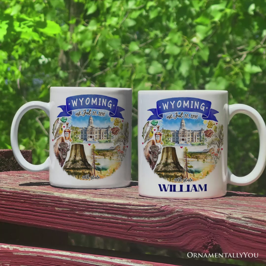 Artistic Wyoming State Themes and Landmarks Personalized Mug With Custom Name