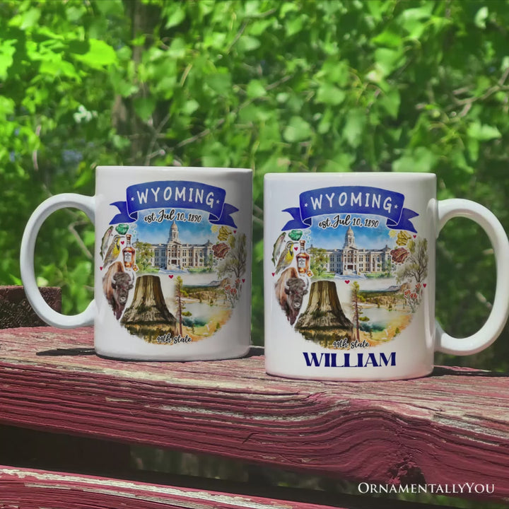 Artistic Wyoming State Themes and Landmarks Personalized Mug With Custom Name