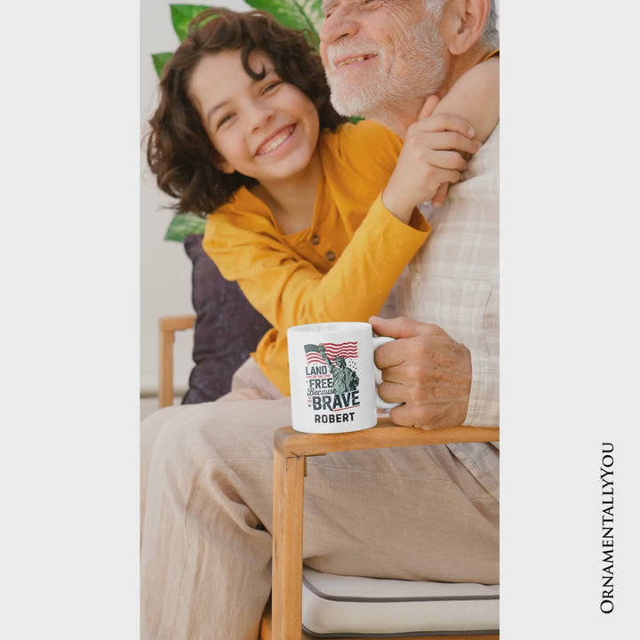 Land of the Free Because of the Brave Personalized Mug, 4th of July Statue of Liberty Gift with Custom Name