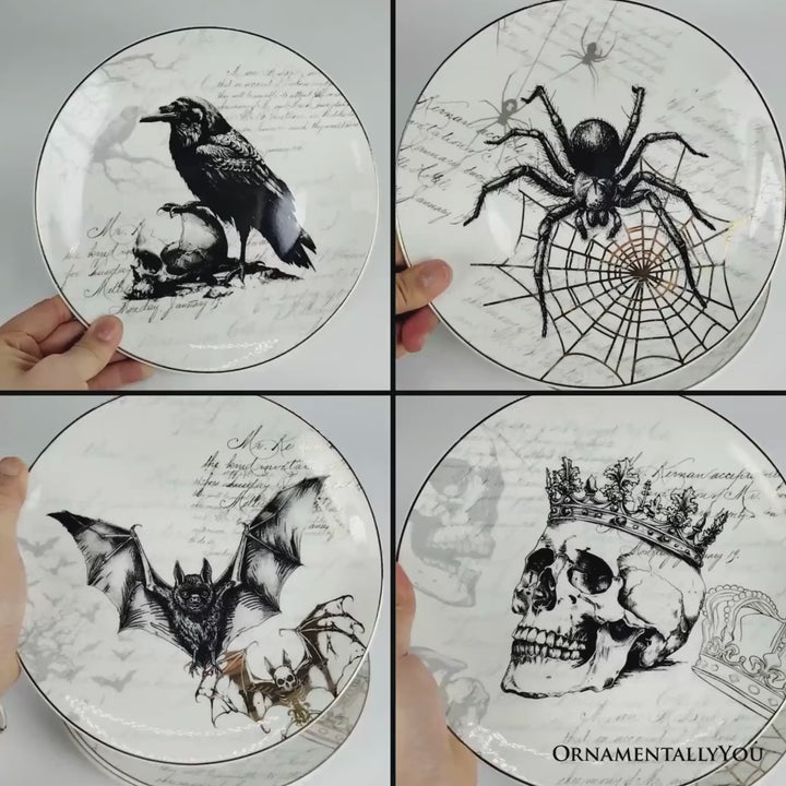 Gothic Elegance Set of 4 Plates with Real Gold Trim, Halloween Tableware Collection for Salad, Dessert, Appetizer, and Side Plates