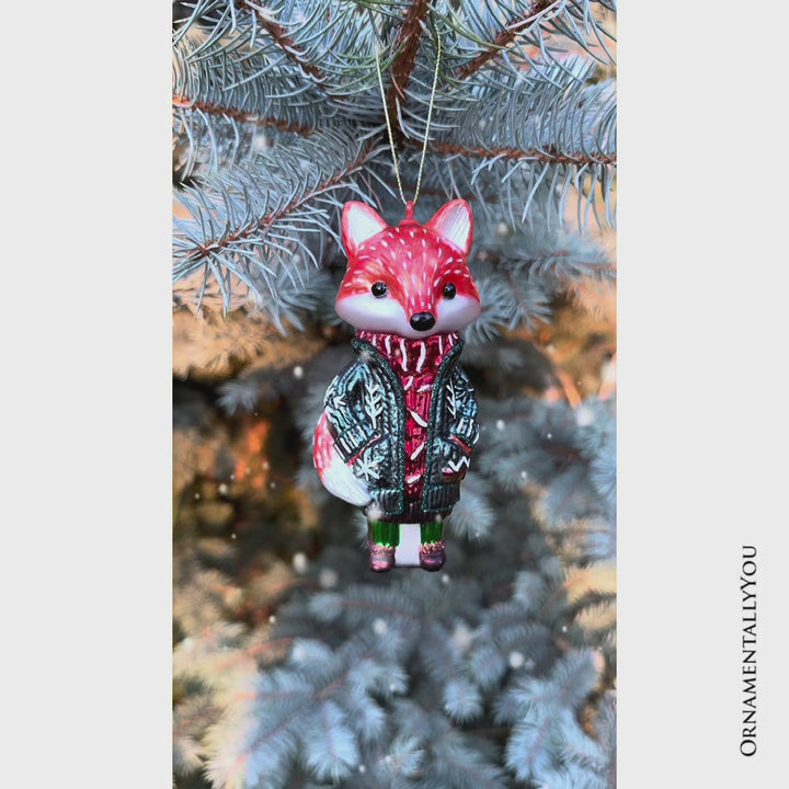 Red Nordic Fox in Sweater Glass Ornament, Scandinavian Christmas Tree Decor