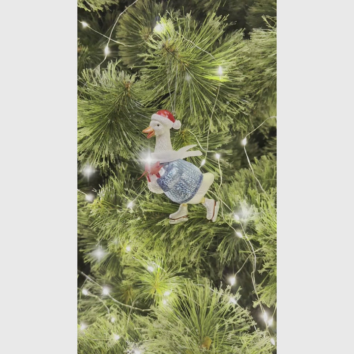 Playful Goose in Skates Glass Christmas Ornament, Whimsical Cute Duck Tree Decor