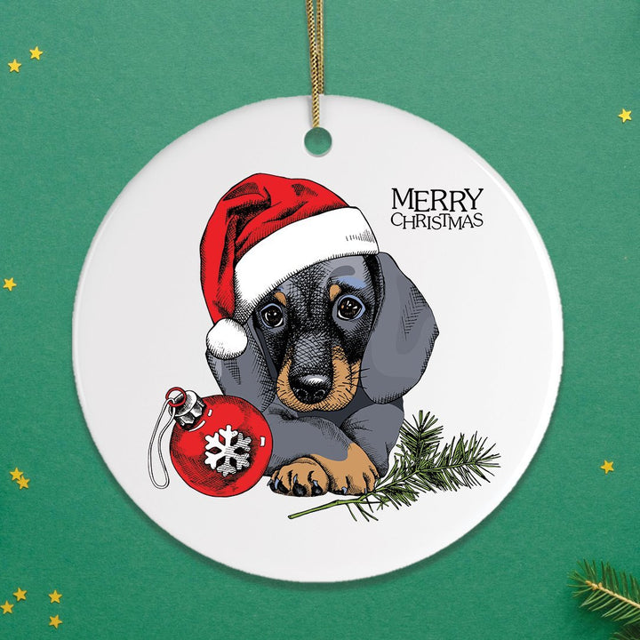 Dachshund Christmas Ornament, Cute Dog with Santa Hat OrnamentallyYou Circle