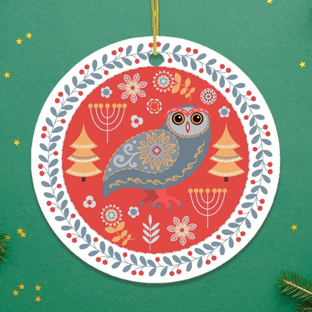 Ethnic Folk Owl Christmas Ornament, Scandinavian Vintage Theme Ornament OrnamentallyYou Circle 
