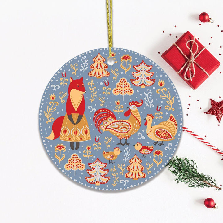 Ethnic Fox Maid and Rooster Nature Ornament, Christmas Forest Scandinavian Theme Ornament OrnamentallyYou Circle